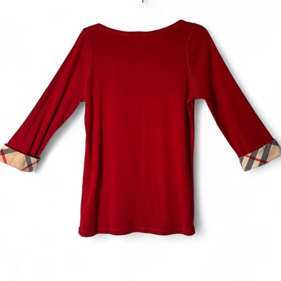 Burberry Brit y2K Preppy Red 3/4 Sleeve Tee Nova Check Cuff 100% Cotton sz XL - Picture 7 of 10
